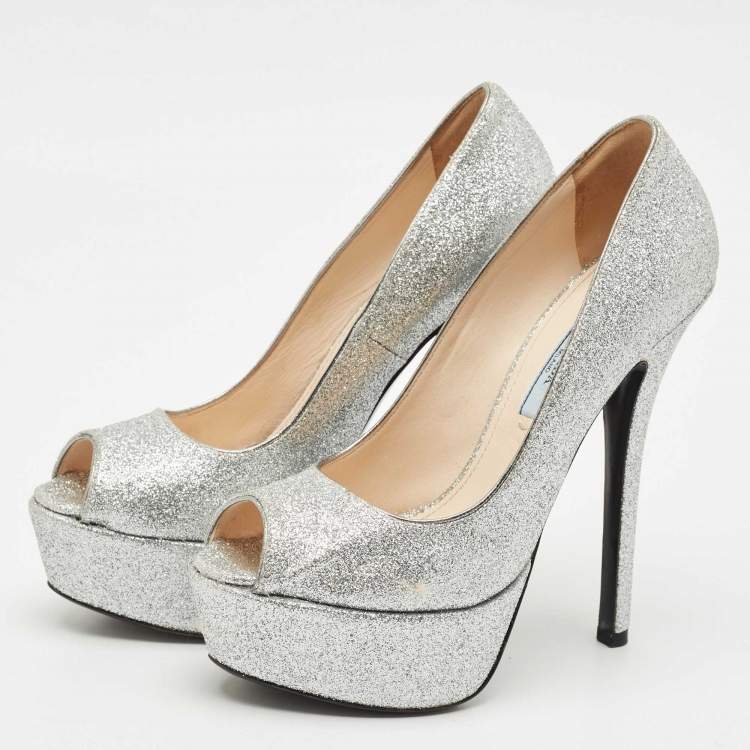 Pre Owned Prada Silver Glitter Leather Peep Toe Platform Pumps Size 37