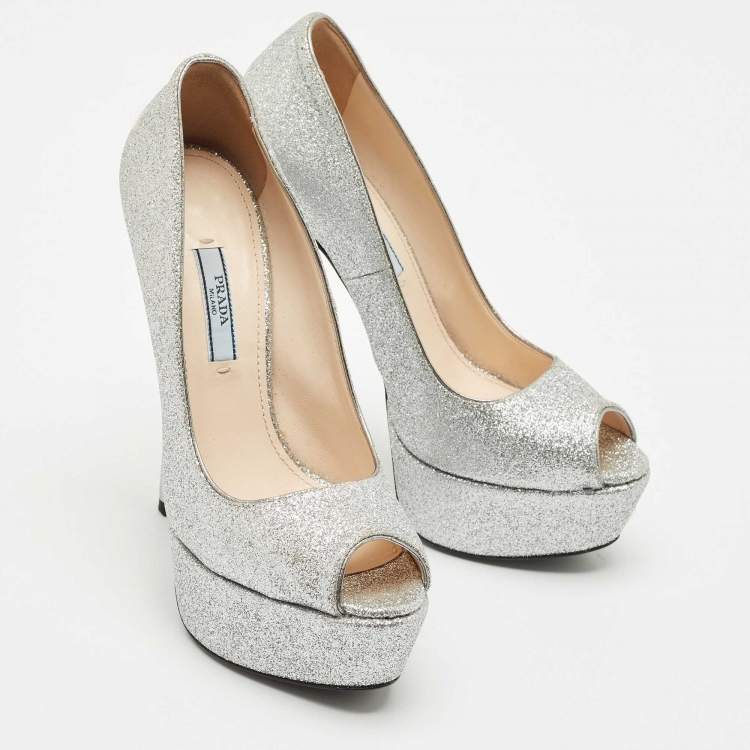 Pre Owned Prada Silver Glitter Leather Peep Toe Platform Pumps Size 37