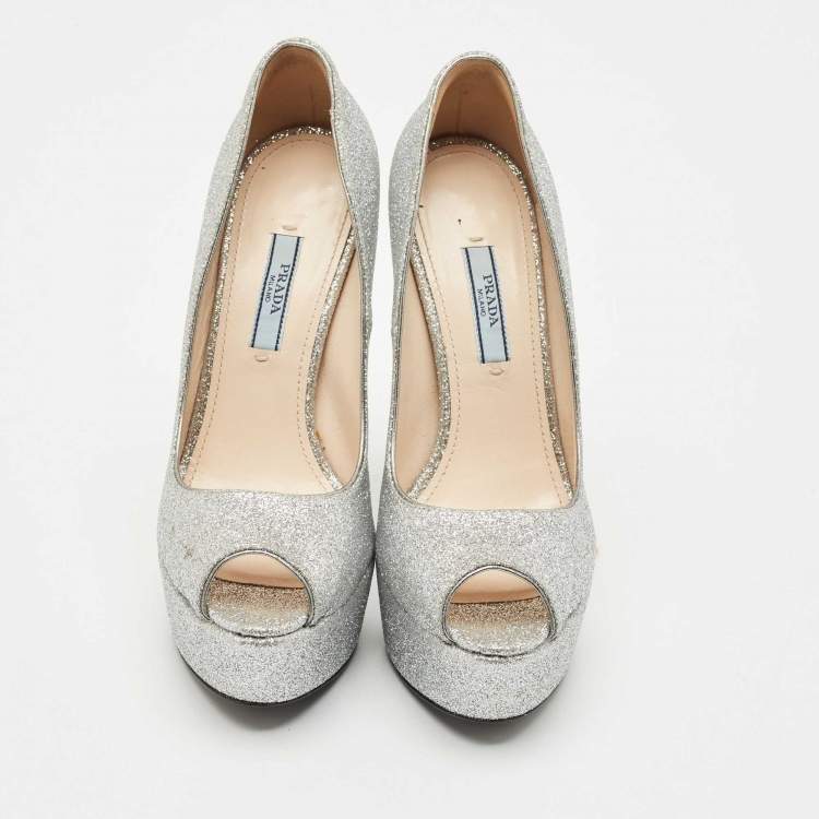 Pre Owned Prada Silver Glitter Leather Peep Toe Platform Pumps Size 37