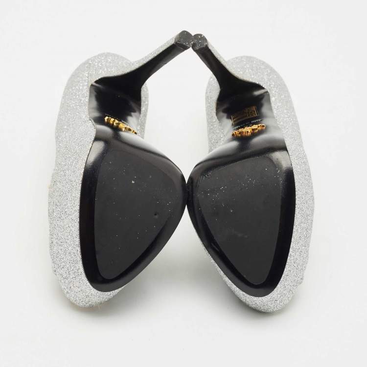 Pre Owned Prada Silver Glitter Leather Peep Toe Platform Pumps Size 37