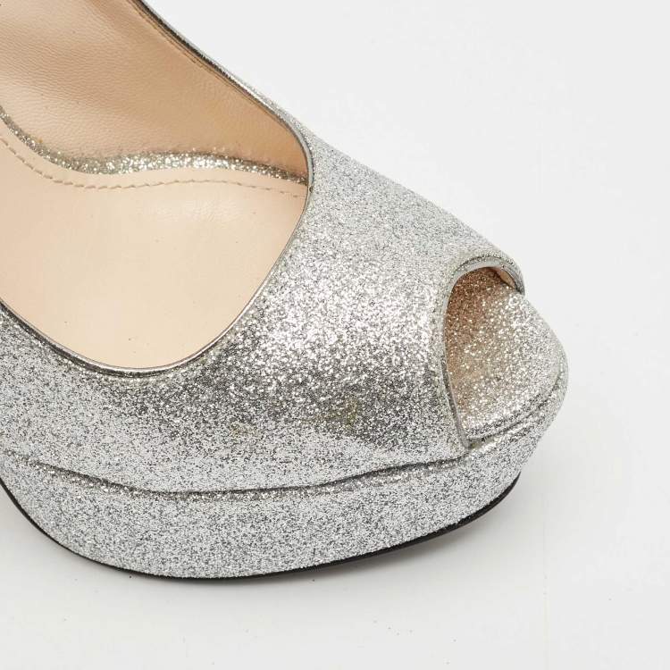 Pre Owned Prada Silver Glitter Leather Peep Toe Platform Pumps Size 37