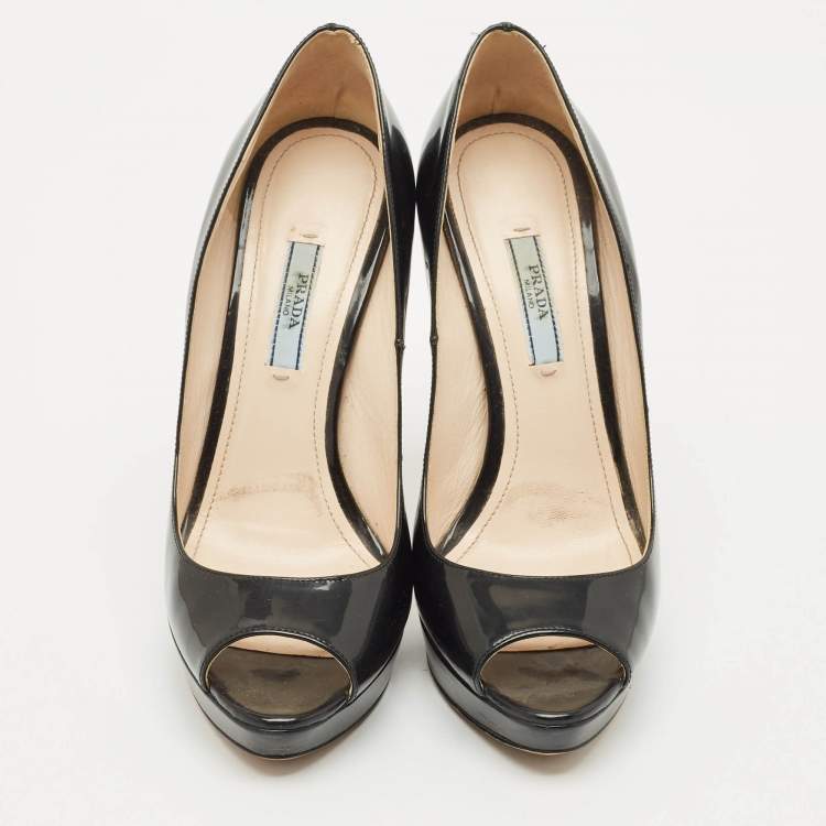 Pre Owned Prada Black Patent Leather Peep Toe Platform Pumps Size 39
