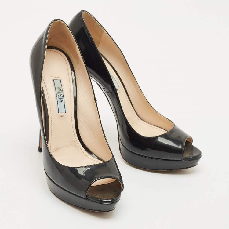 Pre Owned Prada Black Patent Leather Peep Toe Platform Pumps Size 39
