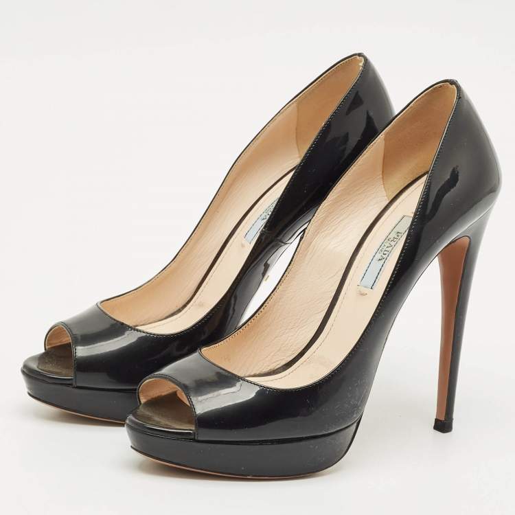 Pre Owned Prada Black Patent Leather Peep Toe Platform Pumps Size 39
