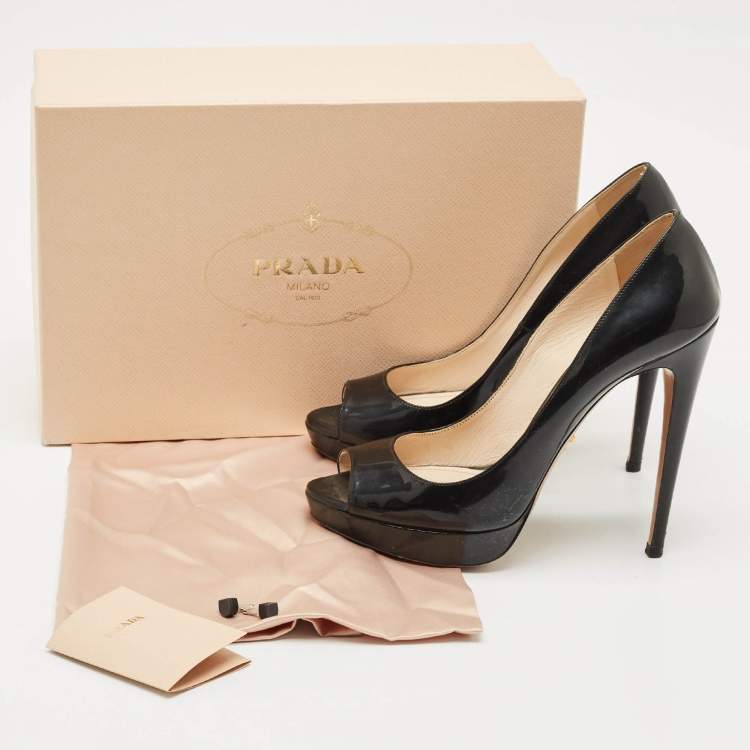 Pre Owned Prada Black Patent Leather Peep Toe Platform Pumps Size 39