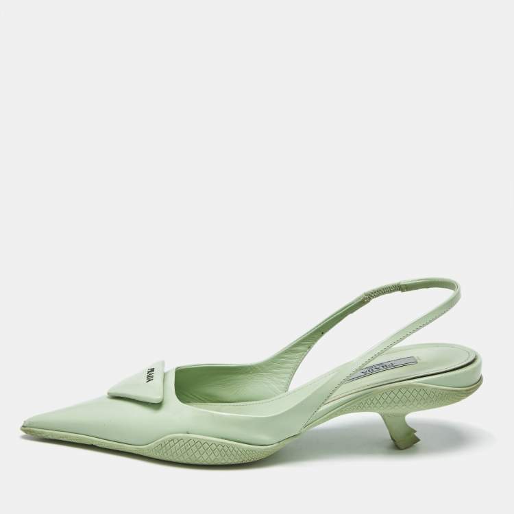 Pre Owned Prada Light Green Leather Logo Pointed Toe Slingback Pumps Size 35.5