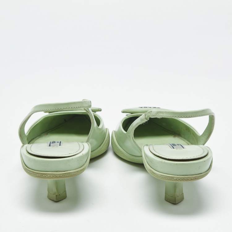 Pre Owned Prada Light Green Leather Logo Pointed Toe Slingback Pumps Size 35.5