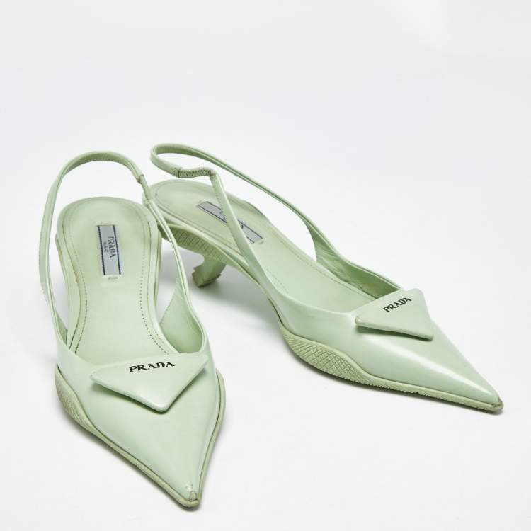 Pre Owned Prada Light Green Leather Logo Pointed Toe Slingback Pumps Size 35.5