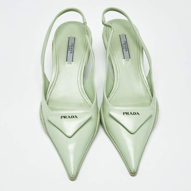 Pre Owned Prada Light Green Leather Logo Pointed Toe Slingback Pumps Size 35.5