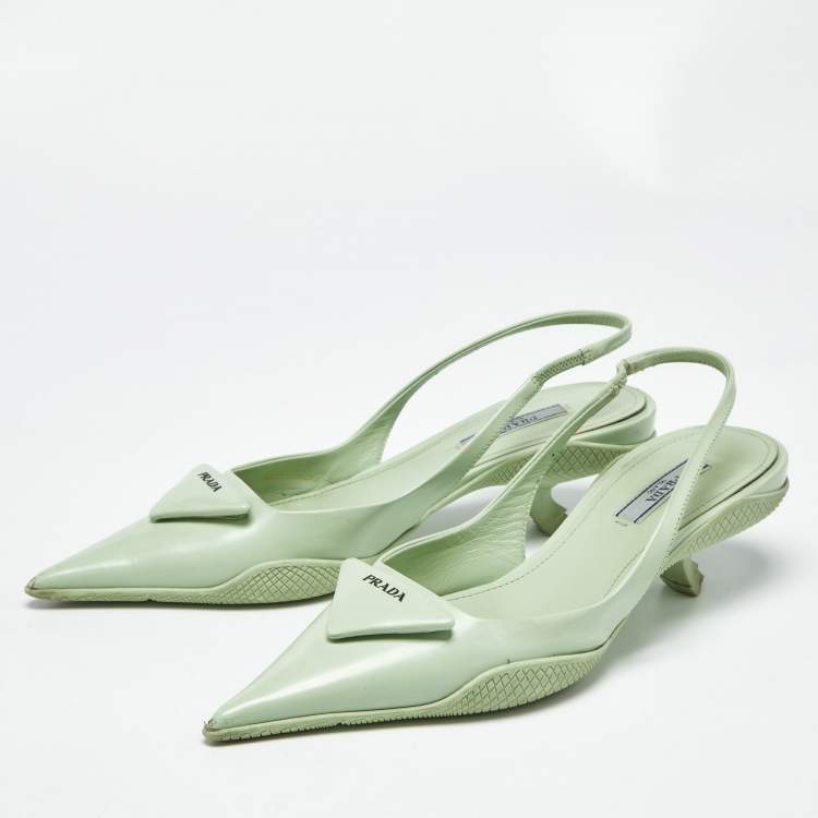 Pre Owned Prada Light Green Leather Logo Pointed Toe Slingback Pumps Size 35.5