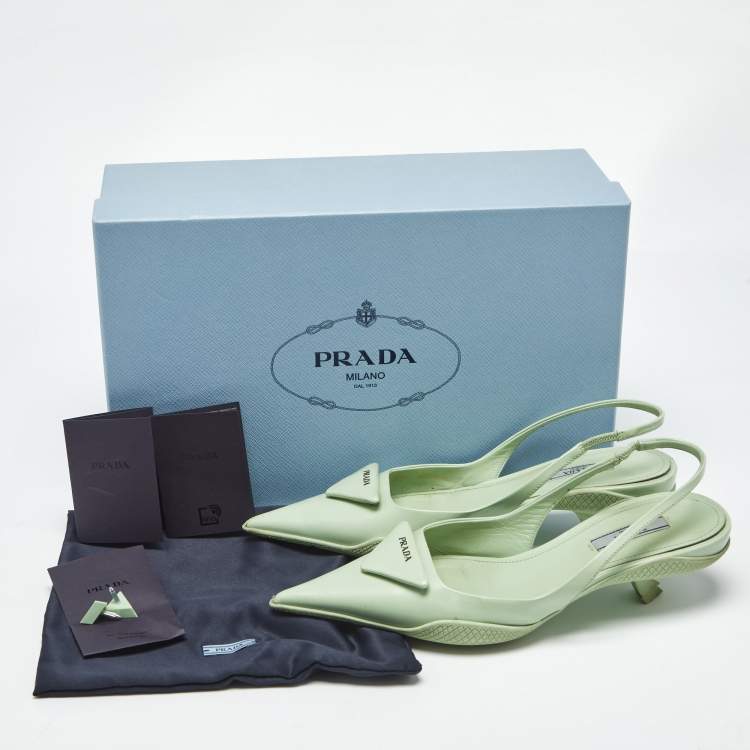 Pre Owned Prada Light Green Leather Logo Pointed Toe Slingback Pumps Size 35.5