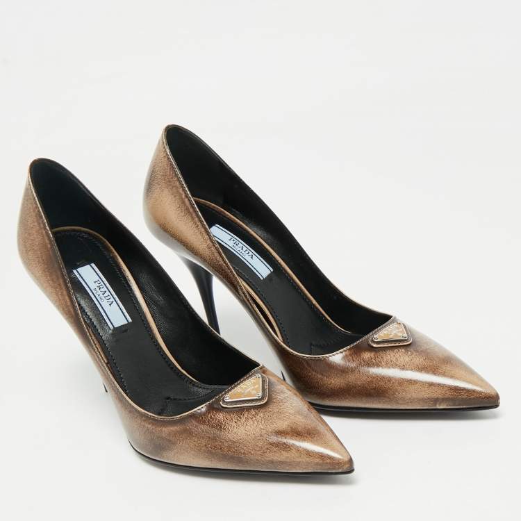Pre Owned Prada Two Tone Brown Leather Pointed Toe Pumps Size 35.5