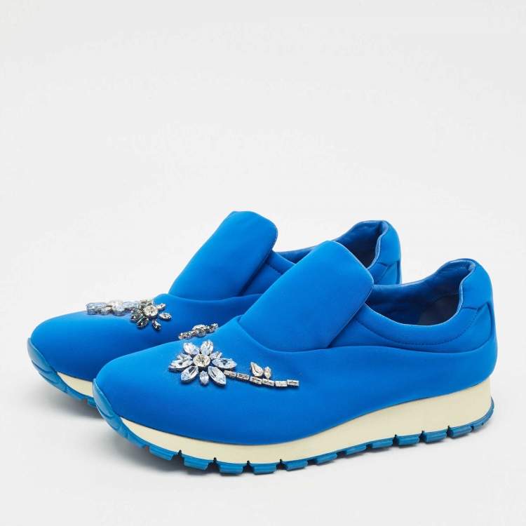 Pre Owned Prada Blue Nylon Catch Me If You Can Crystal Embellished Slip On Sneakers Size 38