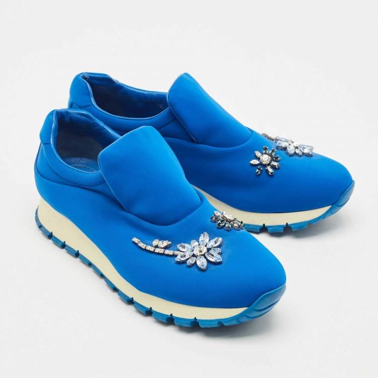 Pre Owned Prada Blue Nylon Catch Me If You Can Crystal Embellished Slip On Sneakers Size 38