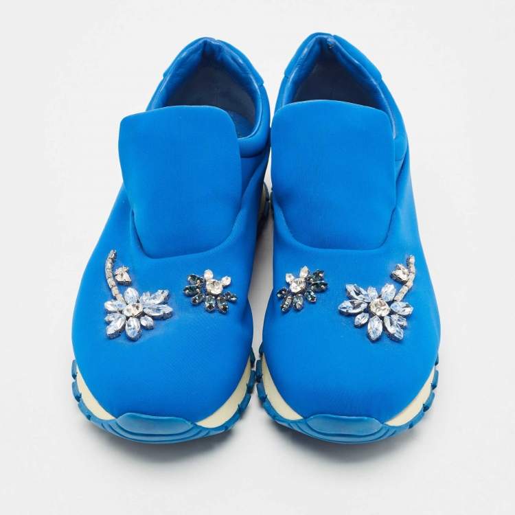 Pre Owned Prada Blue Nylon Catch Me If You Can Crystal Embellished Slip On Sneakers Size 38