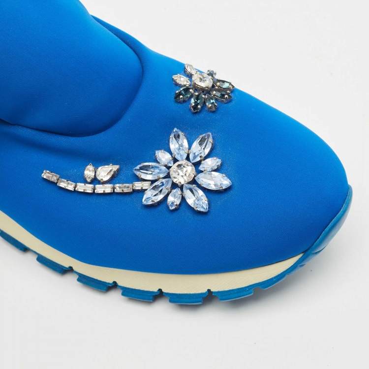 Pre Owned Prada Blue Nylon Catch Me If You Can Crystal Embellished Slip On Sneakers Size 38