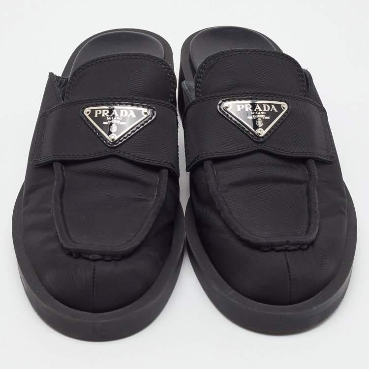Pre Owned Prada Black Nylon Triangle Logo Loafer Mules Size 36