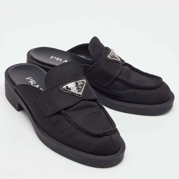 Pre Owned Prada Black Nylon Triangle Logo Loafer Mules Size 36
