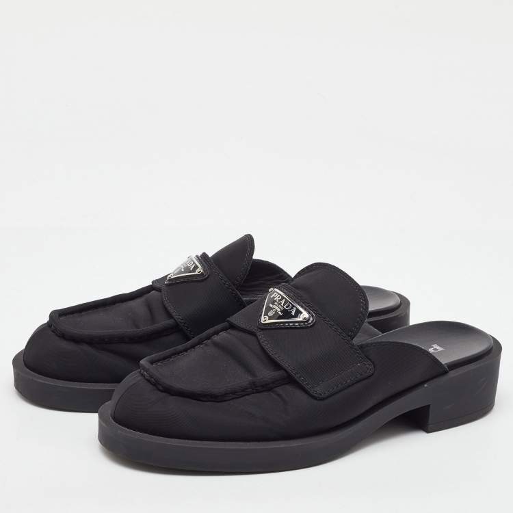 Pre Owned Prada Black Nylon Triangle Logo Loafer Mules Size 36