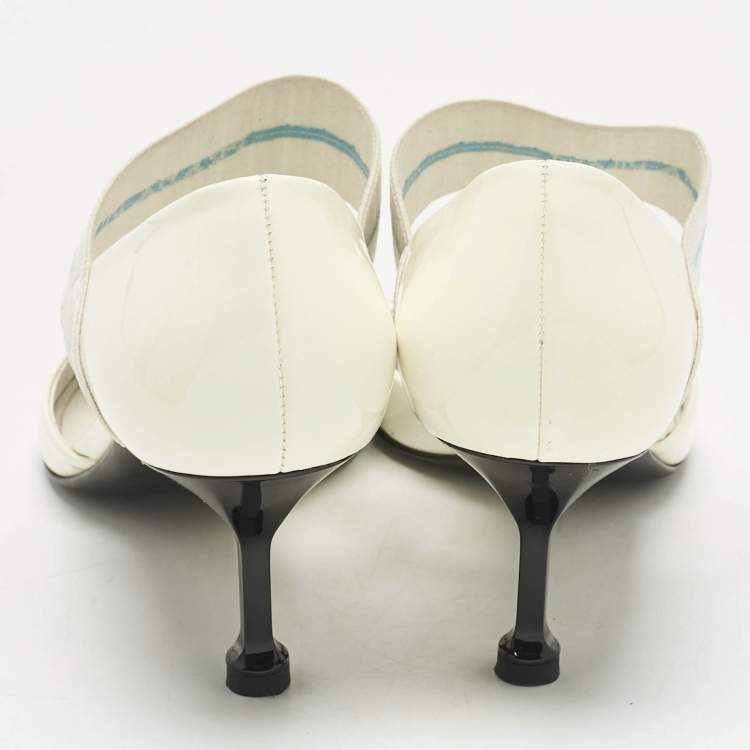Pre Owned Prada White Patent Leather And Elastic Mary Jane D'orsay Pumps Size 38