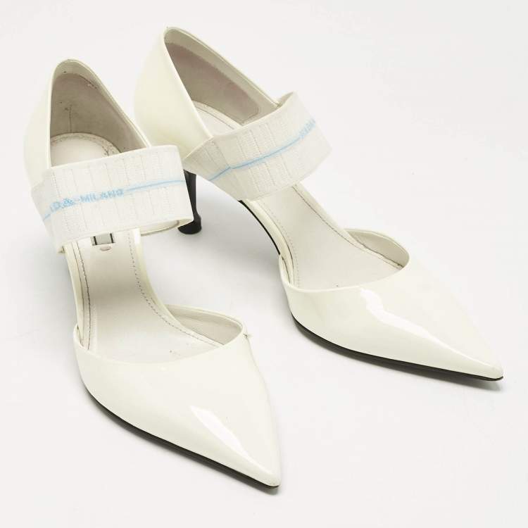 Pre Owned Prada White Patent Leather And Elastic Mary Jane D'orsay Pumps Size 38