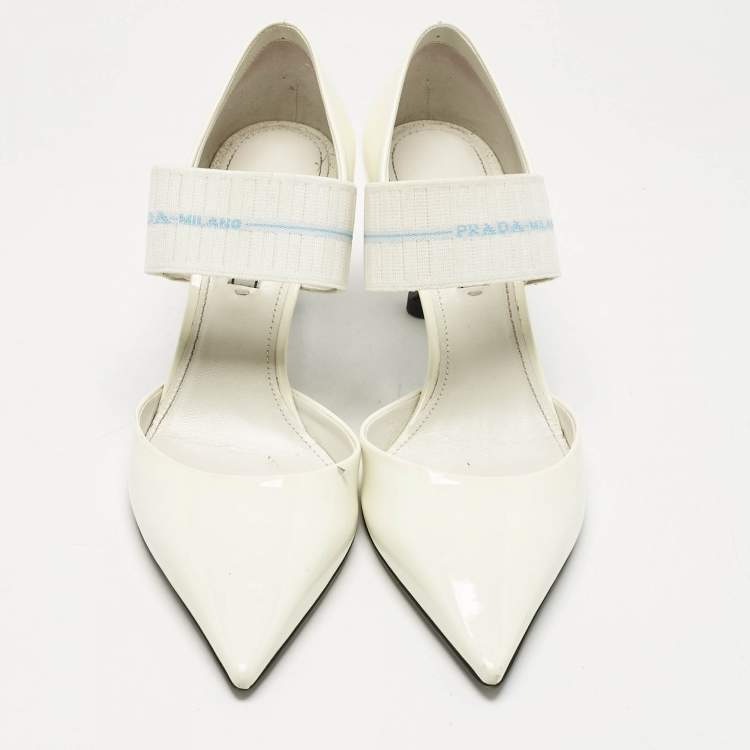 Pre Owned Prada White Patent Leather And Elastic Mary Jane D'orsay Pumps Size 38