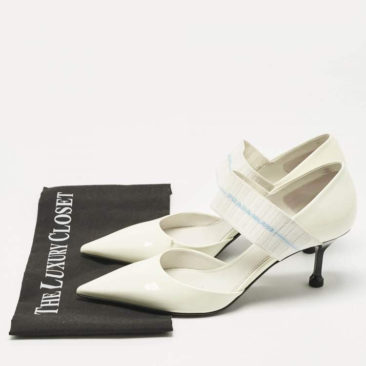 Pre Owned Prada White Patent Leather And Elastic Mary Jane D'orsay Pumps Size 38