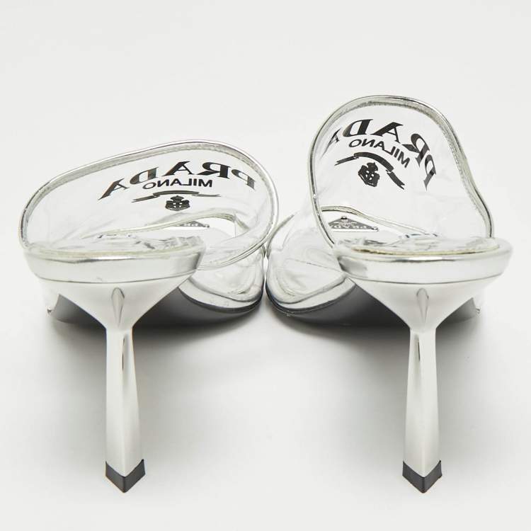 Pre Owned Prada Transparent PVC Logo Print Slide Sandals Size 39