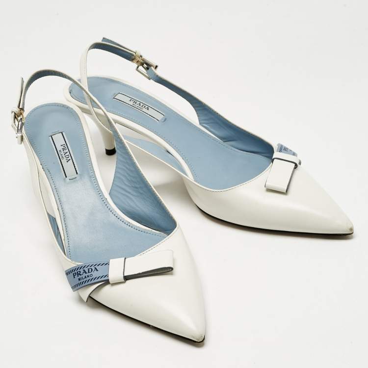 Pre Owned Prada White Leather Bow Pointed Toe Slingback Pumps Size 40