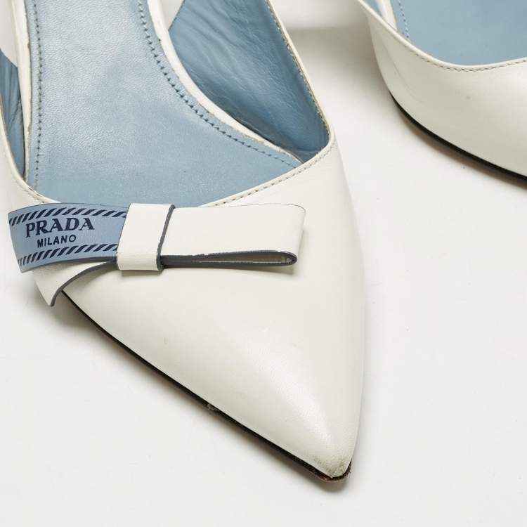 Pre Owned Prada White Leather Bow Pointed Toe Slingback Pumps Size 40