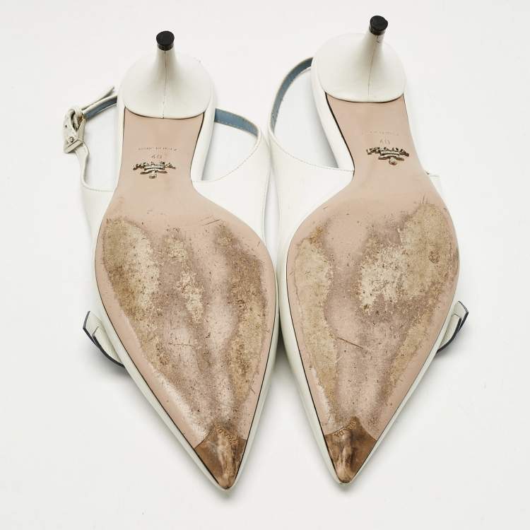 Pre Owned Prada White Leather Bow Pointed Toe Slingback Pumps Size 40