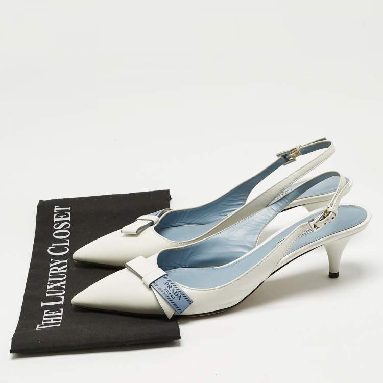 Pre Owned Prada White Leather Bow Pointed Toe Slingback Pumps Size 40