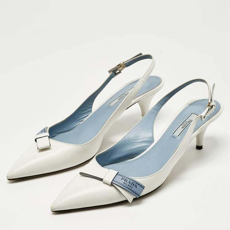Pre Owned Prada White Leather Bow Pointed Toe Slingback Pumps Size 40