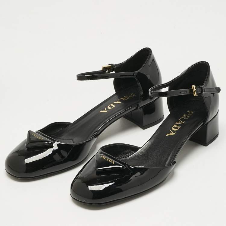 Pre Owned Prada Black Patent Leather Ankle Strap  Pumps Size 36