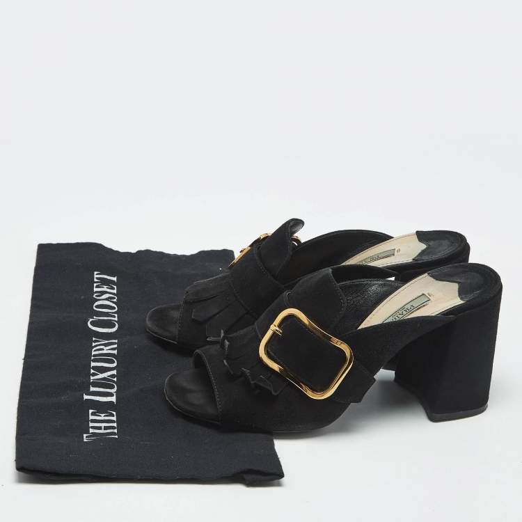 Pre Owned Prada Black Suede Buckle Fringe Block Heel Mules Size 37.5