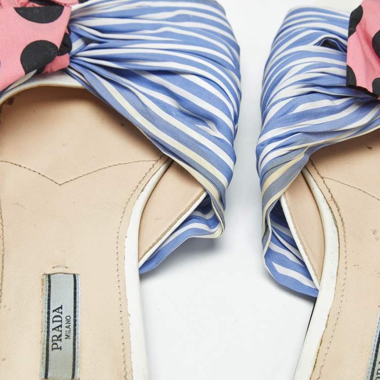 Pre Owned Prada Blue/Pink Fabric Stripe Printed And Polka Dot Bow Detail Slide Sandals Size 41