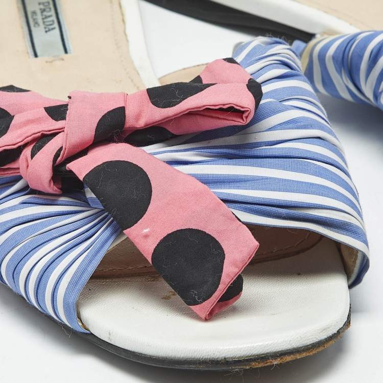 Pre Owned Prada Blue/Pink Fabric Stripe Printed And Polka Dot Bow Detail Slide Sandals Size 41