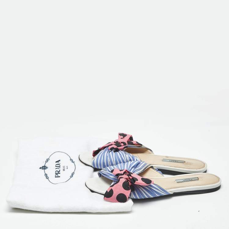 Pre Owned Prada Blue/Pink Fabric Stripe Printed And Polka Dot Bow Detail Slide Sandals Size 41
