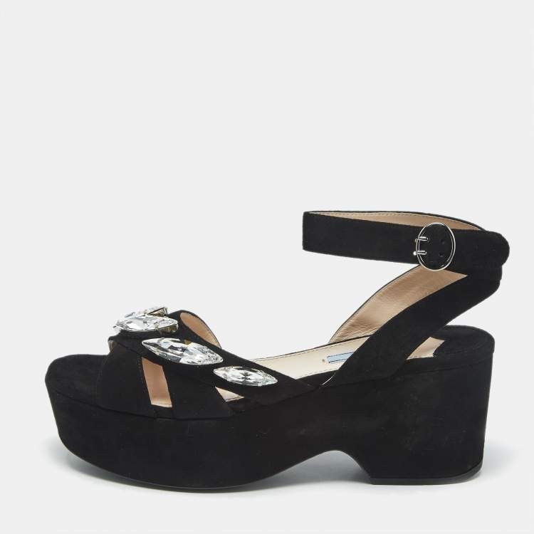 Pre Owned Prada Black Suede Crystal Embellished Platform Sandals Size 39