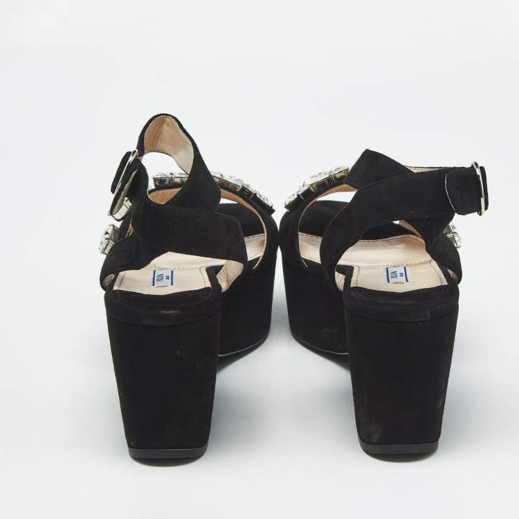 Pre Owned Prada Black Suede Crystal Embellished Platform Sandals Size 39