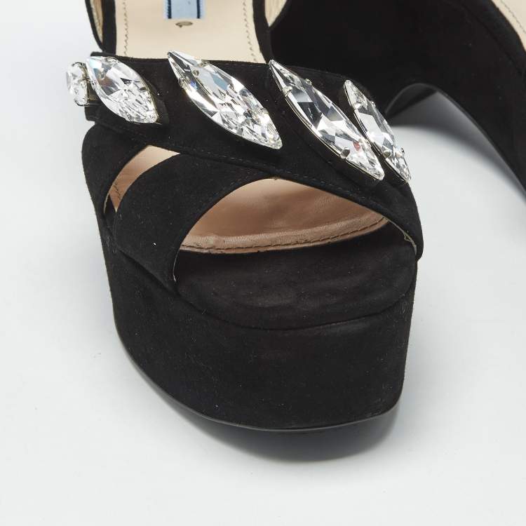 Pre Owned Prada Black Suede Crystal Embellished Platform Sandals Size 39