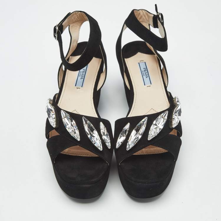 Pre Owned Prada Black Suede Crystal Embellished Platform Sandals Size 39