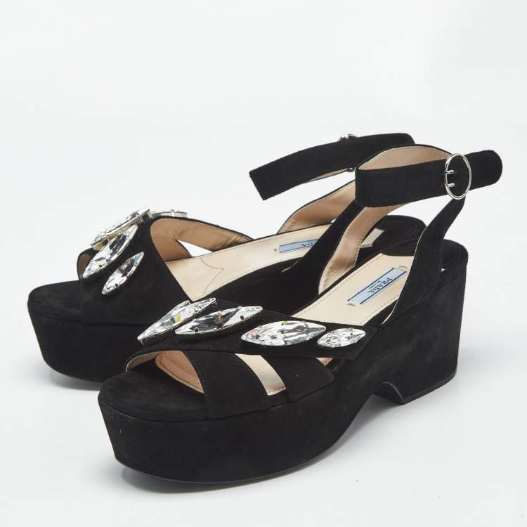 Pre Owned Prada Black Suede Crystal Embellished Platform Sandals Size 39