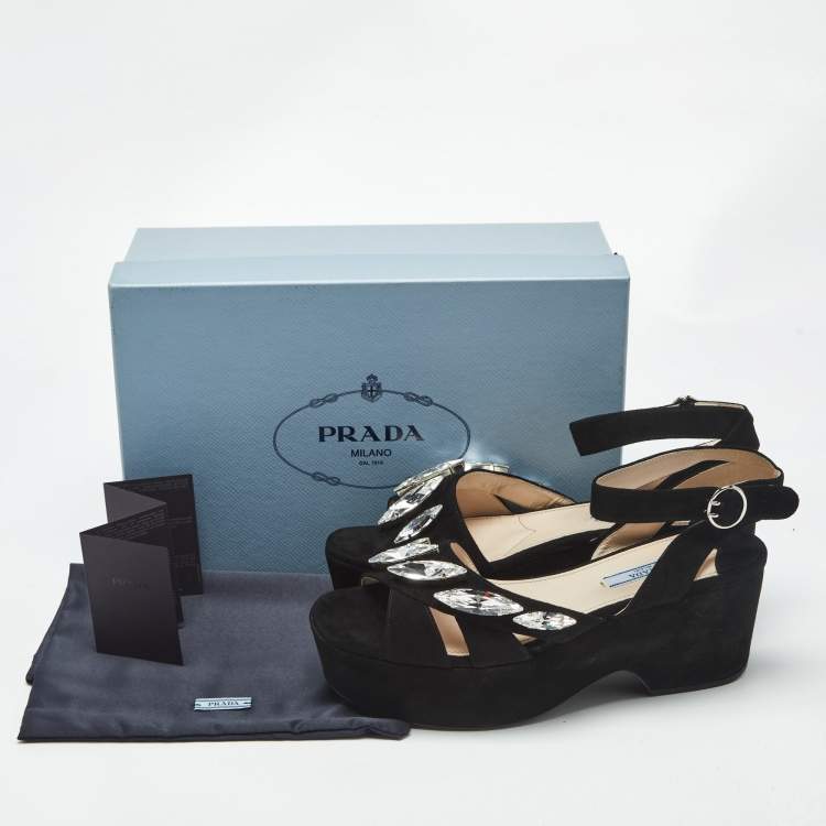 Pre Owned Prada Black Suede Crystal Embellished Platform Sandals Size 39