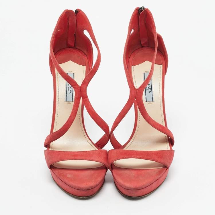 Pre Owned Prada Coral Orange Suede Strappy Sandals Size 38