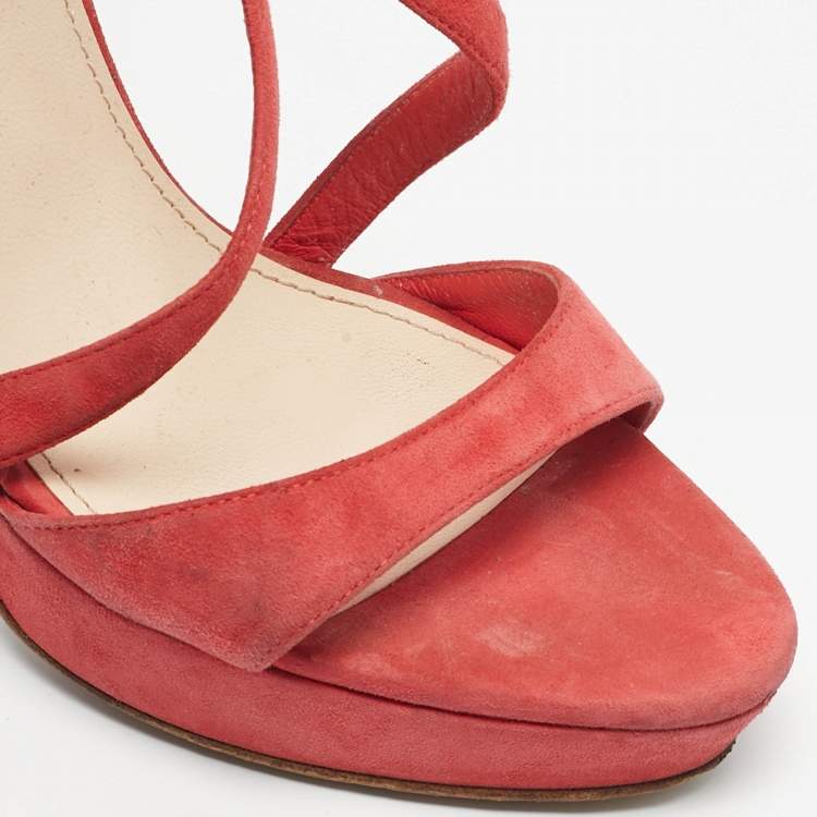 Pre Owned Prada Coral Orange Suede Strappy Sandals Size 38