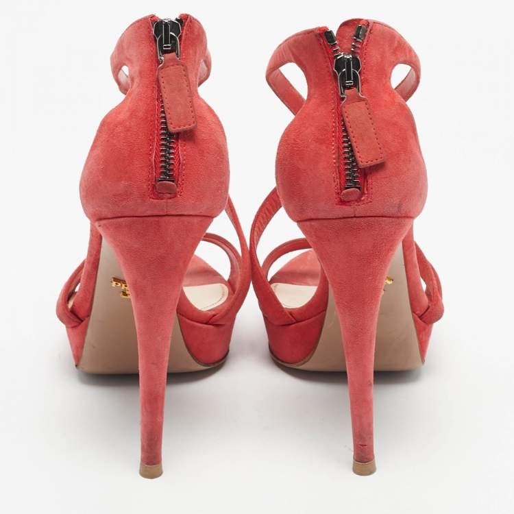 Pre Owned Prada Coral Orange Suede Strappy Sandals Size 38