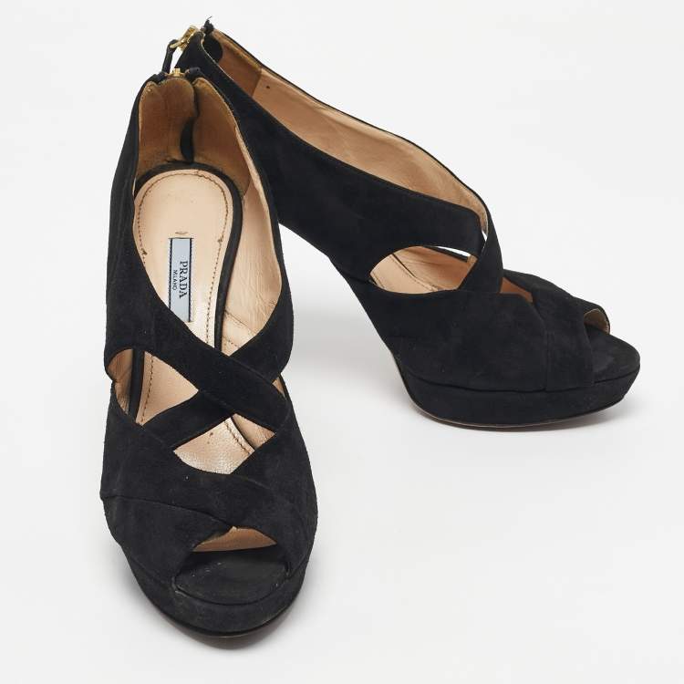 Pre Owned Prada Black Suede Cross Strap Platform Sandals Size 41