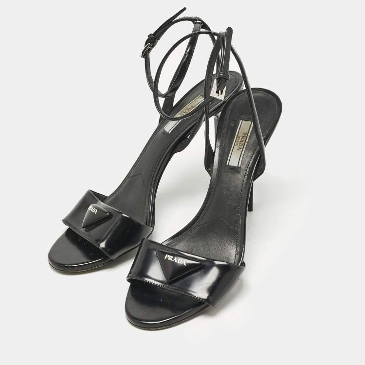 Pre Owned Prada Black Patent Leather Logo Ankle Strap Sandals Size 40