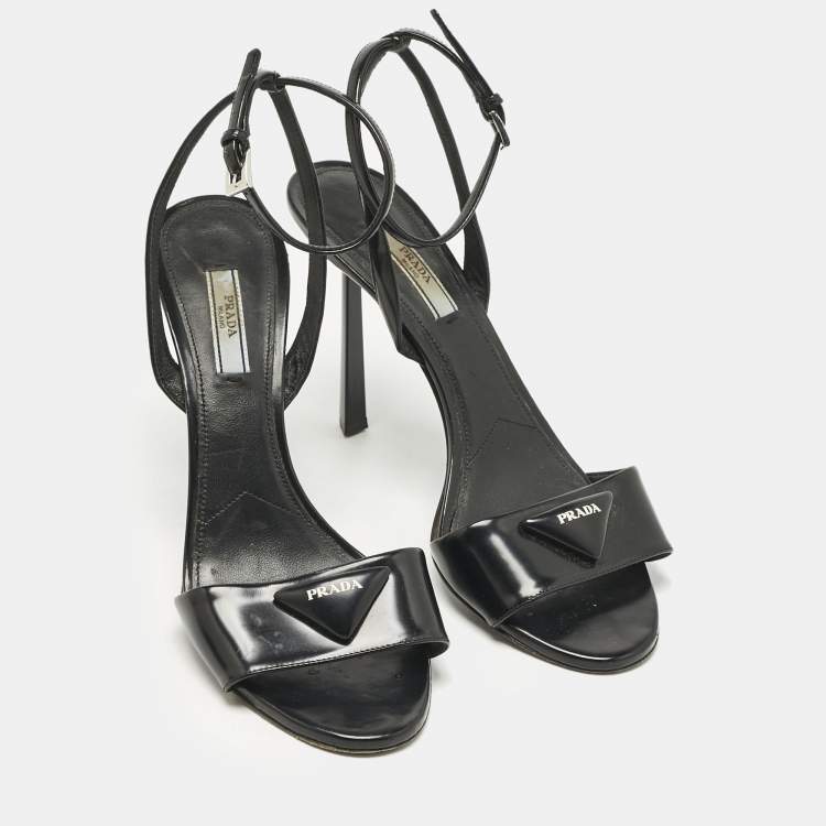Pre Owned Prada Black Patent Leather Logo Ankle Strap Sandals Size 40